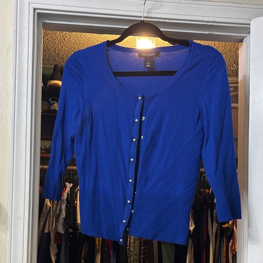 White House Black Market Royal Blue Cardigan, missing button